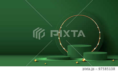 Podium shape for show cosmetic product display for Christmas day or New Years. Stand product showcase on green background with tree christmas. vector design. 97585138