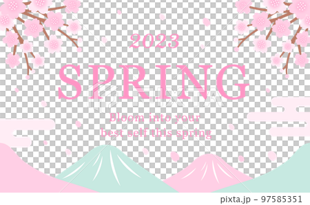 Japanese style spring mountain and cherry blossom vector frame material_white background 97585351