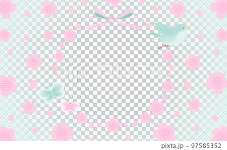 Japanese modern spring cherry blossom vector frame material decorated with birds and butterflies_green_no text 97585352