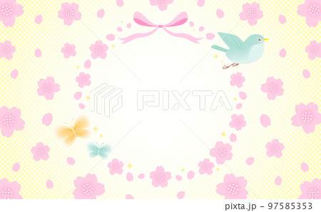 鳥と蝶を飾った和モダンな春の桜の花のベクターフレーム素材_黄色_文字なし 97585353
