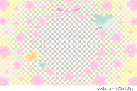 鳥と蝶を飾った和モダンな春の桜の花のベクターフレーム素材_黄色_文字なし 97585353