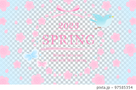 日本現代春天櫻花矢量框架材料裝飾鳥和蝴蝶_淡藍色 97585354