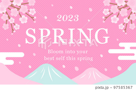 和風な春の山と桜の花のベクターフレーム素材_ピンク 97585367