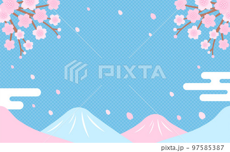 和風な春の山と桜の花のベクターフレーム素材_水色_文字なし 97585387