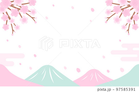 和風な春の山と桜の花のベクターフレーム素材_白背景_文字なし 97585391