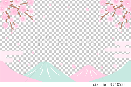 Japanese-style spring mountain and cherry blossom vector frame material_white background_no text 97585391
