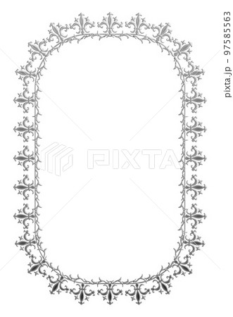 長方形のオリエンタル柄のフレーム。アンティーク、ビンテージのシルバーメタリック。飾り罫オーナメント 97585563