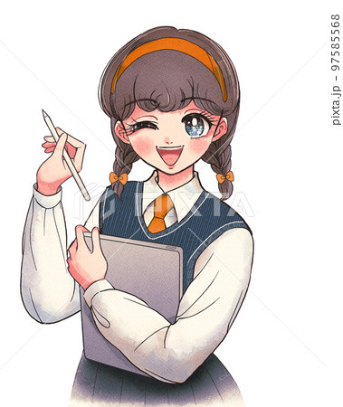 エモい少女漫画風・タブレットとペンシルでお絵描きを楽しむ女子学生 97585568
