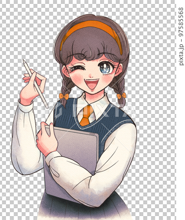 エモい少女漫画風・タブレットとペンシルでお絵描きを楽しむ女子学生 97585568