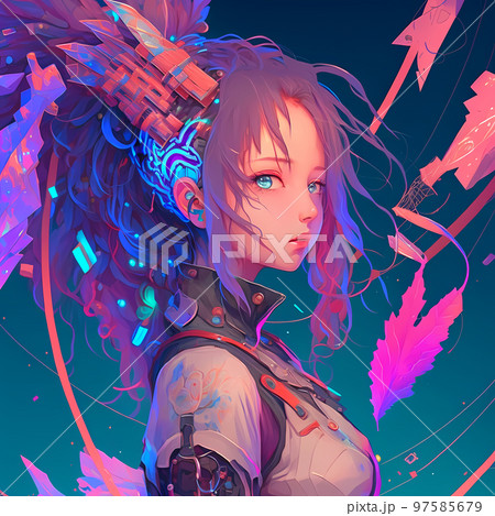 Cyberpunk-style girl with beautiful neon colors - Stock Illustration  [99174420] - PIXTA