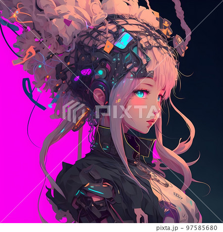 サイバーパンク風　ネオンカラーが美しい少女　アニメ風「AI生成画像」 97585680