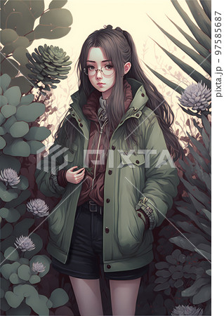 多肉植物に囲まれたメガネ女子「AI生成画像」 97585687