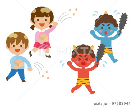 豆まきする子供と逃げる鬼 豆まきする子供と逃げる鬼 97585944