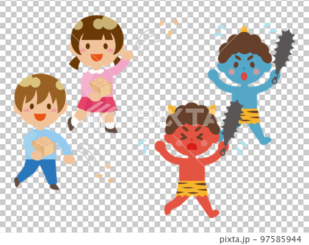 豆まきする子供と逃げる鬼 豆まきする子供と逃げる鬼 97585944