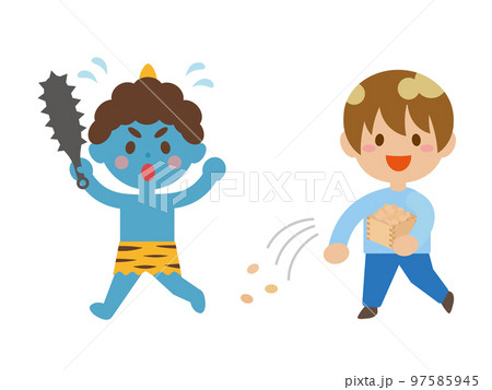 豆まきする男の子と逃げる鬼 97585945