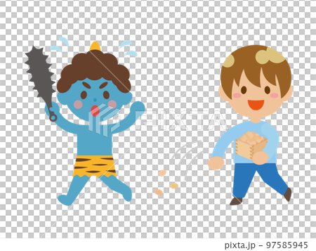 豆まきする男の子と逃げる鬼 97585945