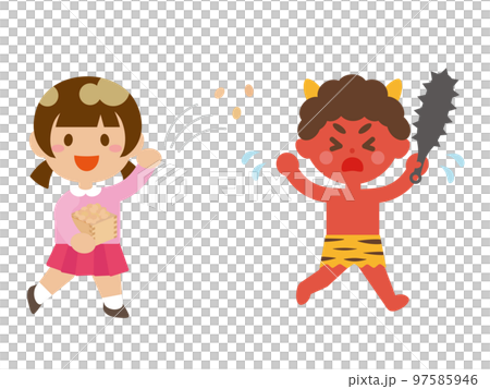 A girl throwing beans and a demon running away 97585946