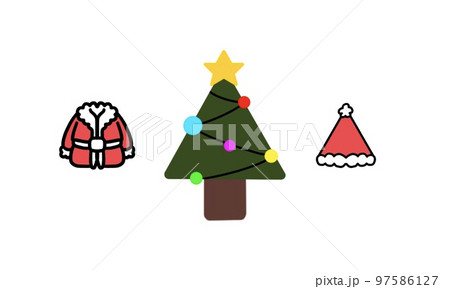 Cute Christmas Illustration & Isolated on white Background. Santa Claus, Christmas tree. Print Ideal for fabric, wrapping paper, scrapbooking, textile, poster, banner, card, wall art, New Year design. 97586127
