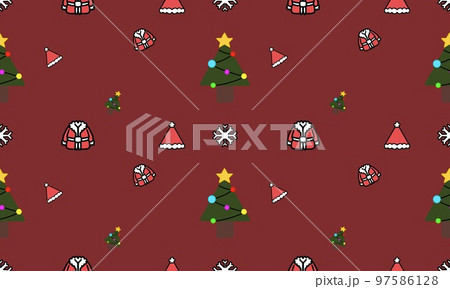 Cute Christmas Illustration and Seamless Pattern. Santa Claus, Christmas tree, snow on red background. Print Ideal for fabric, wrapping paper, scrapbooking, textile, poster, banner, card, wall art. 97586128