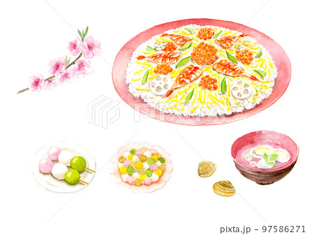 ちらし寿司と蛤のお吸物 ひなあられ ひなまつり 水彩イラスト ベクター ちらし寿司と蛤のお吸物 ひなあられ ひなまつり 水彩イラスト ベクター 97586271
