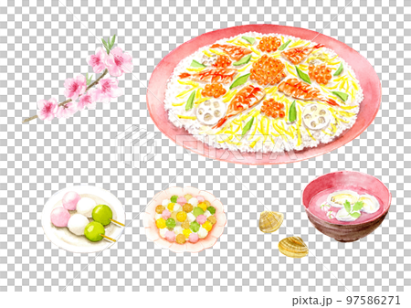 ちらし寿司と蛤のお吸物 ひなあられ ひなまつり 水彩イラスト ベクター ちらし寿司と蛤のお吸物 ひなあられ ひなまつり 水彩イラスト ベクター 97586271