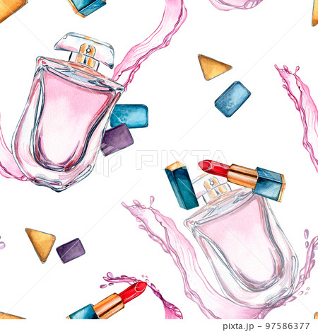 Perfume bottle with splash, rouge watercolor seamless pattern isolated on white. Perfume bottle with splash, rouge watercolor seamless pattern isolated on white. 97586377