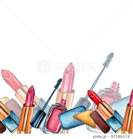 Board of makeup cosmetics watercolor isolated on white. 97586378