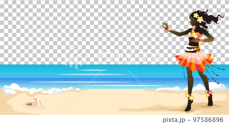 Scene of hula girls in colorful costumes dancing hula against the blue ocean of Hawaii Scene of hula girls in colorful costumes dancing hula against the blue ocean of Hawaii 97586896