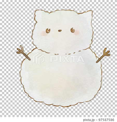 ワンポイントイラスト素材:猫の雪だるま(手描き水彩風)のイラスト素材