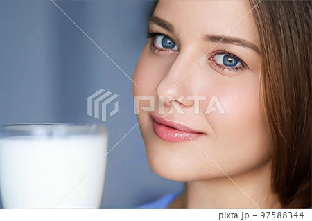 Happy young woman with glass of milk or protein cocktail, healthy drink, diet and wellness concept Happy young woman with glass of milk or protein cocktail, healthy drink, diet and wellness concept 97588344