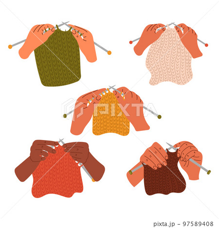 Woman hands are knitting with knitting needles. Knitting process. Wool yarns, hook, knitting needles. Hobby time, handmade things Woman hands are knitting with knitting needles. Knitting process. Wool yarns, hook, knitting needles. Hobby time, handmade things 97589408