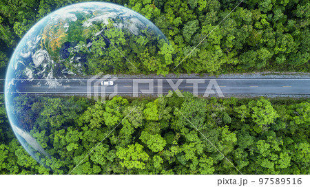 Electric car and EV electrical energy for environment, EV car on forest road with earth planet going through forest, Ecosystem ecology healthy environment, Electric car with nature, Save earth, Save 97589516