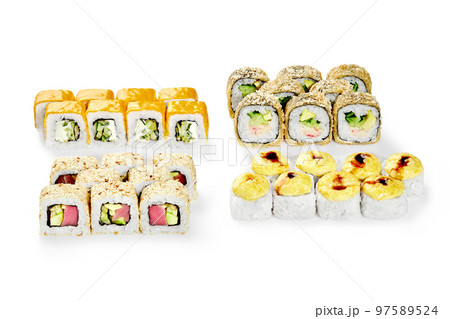Japanese sushi set of baked rolls, makizushi tempura and uramaki for company Japanese sushi set of baked rolls, makizushi tempura and uramaki for company 97589524