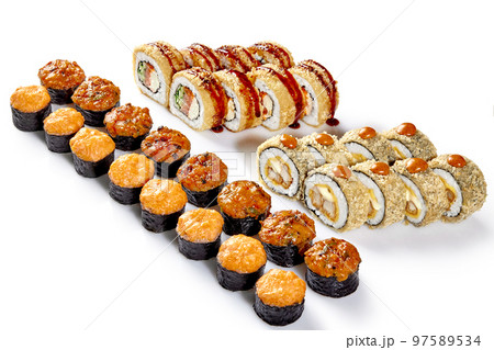 Set of baked norimaki and tempura rolls on white background 97589534