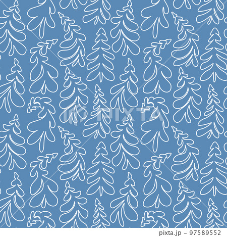 Vector hand drawn winter trees pattern. Whimsical doodles Christmas background. White line on blue. 97589552