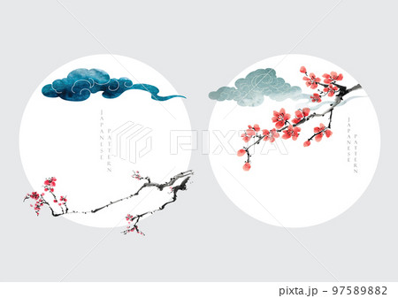 Art natural landscape background with watercolor texture vector. Branch with leaves and flower decoration in vintage style. Cherry blossom with Chinese cloud element. Art natural landscape background with watercolor texture vector. Branch with leaves and flower decoration in vintage style. Cherry blossom with Chinese cloud element. 97589882