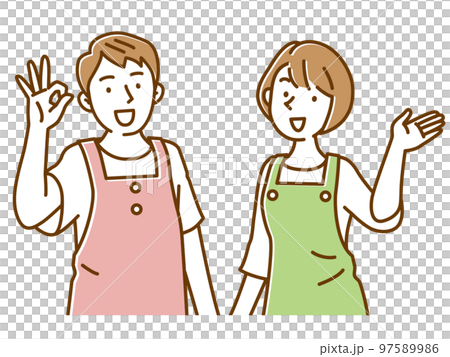 一組兩個穿著圍裙的年輕男女微笑著引導 97589986