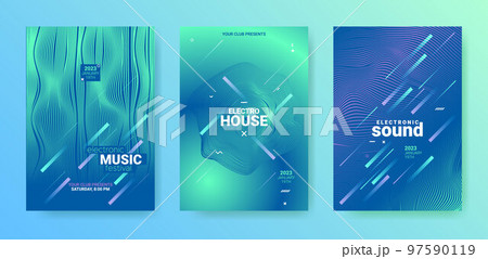 Futuristic Edm Poster. Techno Music Dance Cover. Electronic Sound Illustration. Vector Dj Background. Edm Party Flyer Set. Geometric Festival Banner. Gradient Distort Lines. Abstract Edm Poster. 97590119