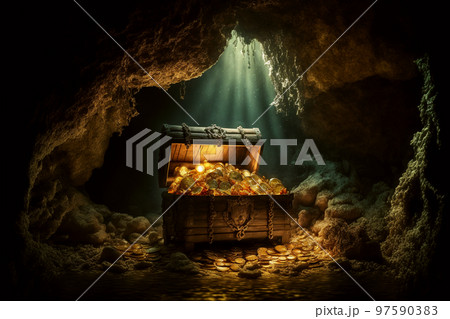 Generative AI illustration of pirates treasure chest in cave 97590383