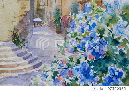 南フランスの小さな村 水彩画 風景画のイラスト素材 [97590386