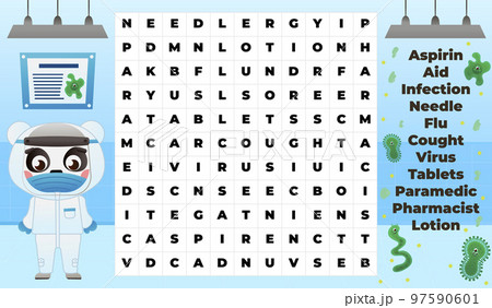 Medical word search game for kids with cute panda doctor in protecting costume in hospital Medical word search game for kids with cute panda doctor in protecting costume in hospital 97590601