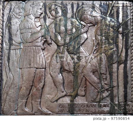 Flagellation of Jesus, altar of the Sacred Heart of Jesus in the church of Saint Blaise in Zagreb, Croatia 97590854