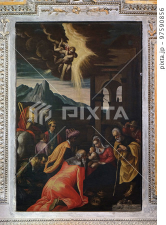 Adoration of the Magi, painting in the church of St. Victor on the Fishermen Island, one of the famous Borromeo Islands of Lake Maggiore, Italy Adoration of the Magi, painting in the church of St. Victor on the Fishermen Island, one of the famous Borromeo Islands of Lake Maggiore, Italy 97590856