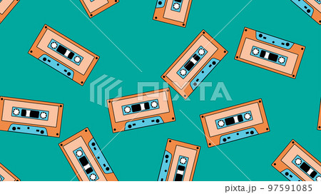 Old retro blue vintage music cassette tape recorder with magnetic tape on reels and speakers from the 70s, 80s, 90s. Beautiful icon. Vector illustration 97591085