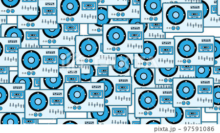 Seamless pattern endless with music audio cassette old retro tape recorders vintage hipster from 70s, 80s, 90s isolated on white background. Vector illustration 97591086