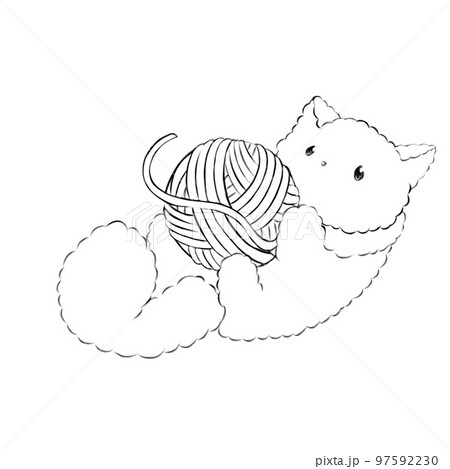イラスト素材: 毛糸で遊んでいる猫(線画)のイラスト素材 [97592230