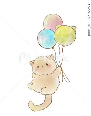 ネコと風船 風船を持った猫（笑顔）イラスト - No: 2469670｜無料イラスト・フリー