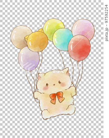 Illustration material: Cat flying with balloons in both hands (hand-painted watercolor style) 97592254