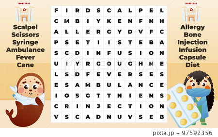 Medical word search game for kids with cute walrus patient with allergy and hedgehog doctor in hospital Medical word search game for kids with cute walrus patient with allergy and hedgehog doctor in hospital 97592356