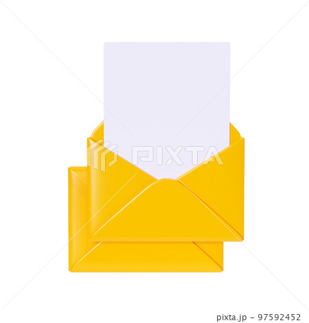 Letter 3d render - open yellow envelope with empty paper card isolated on white background. 97592452